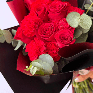 Bonito ramo de rosas rojas y claveles, las mejores flores en cancun